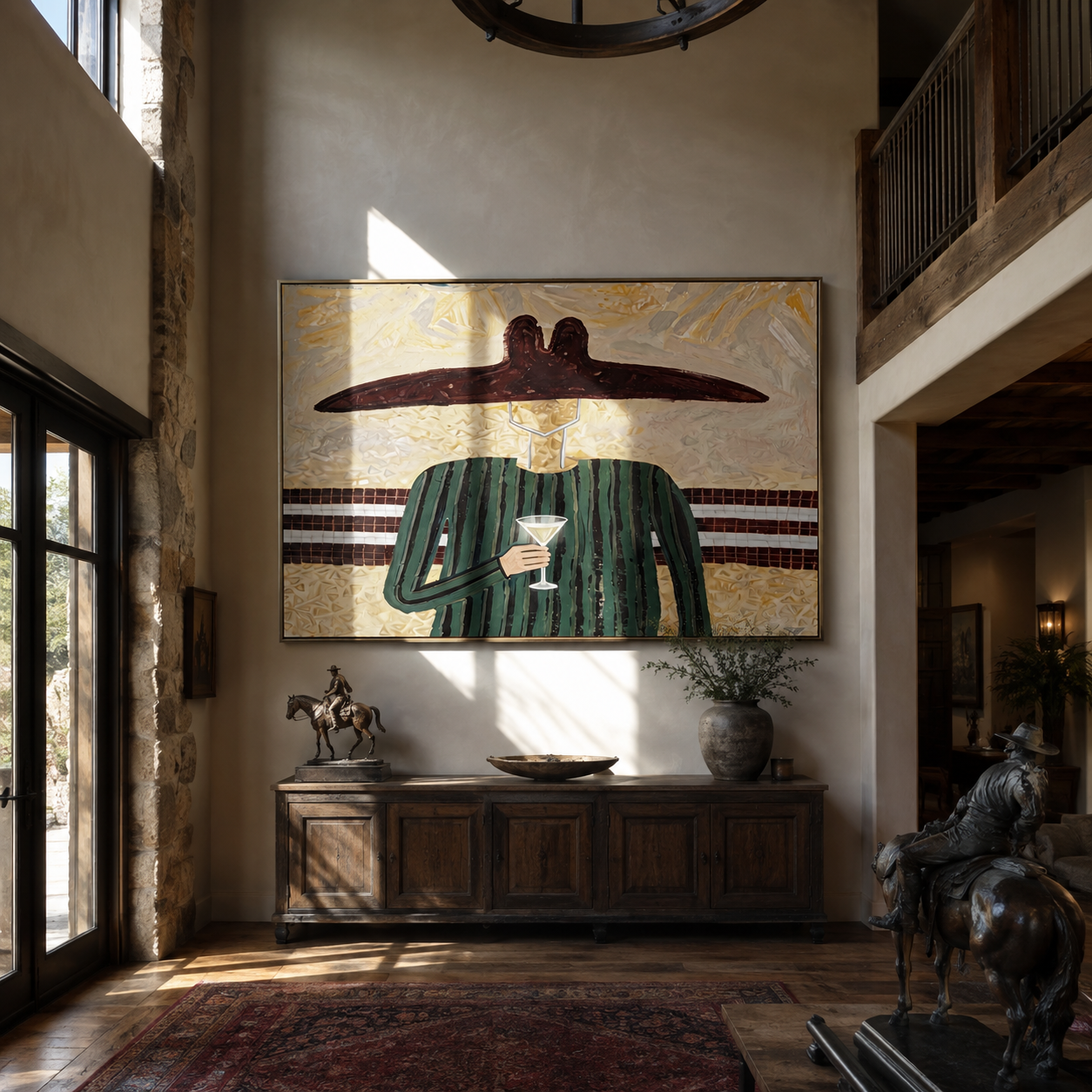Green Lines Hold the Evening Glass - Green Stripe Wine Figure painting by Adrian Lee, mid-century modern horizontal wall art – styled room scene view 1