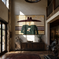 Green Lines Hold the Evening Glass - Green Stripe Wine Figure painting by Adrian Lee, mid-century modern horizontal wall art – styled room scene view 1