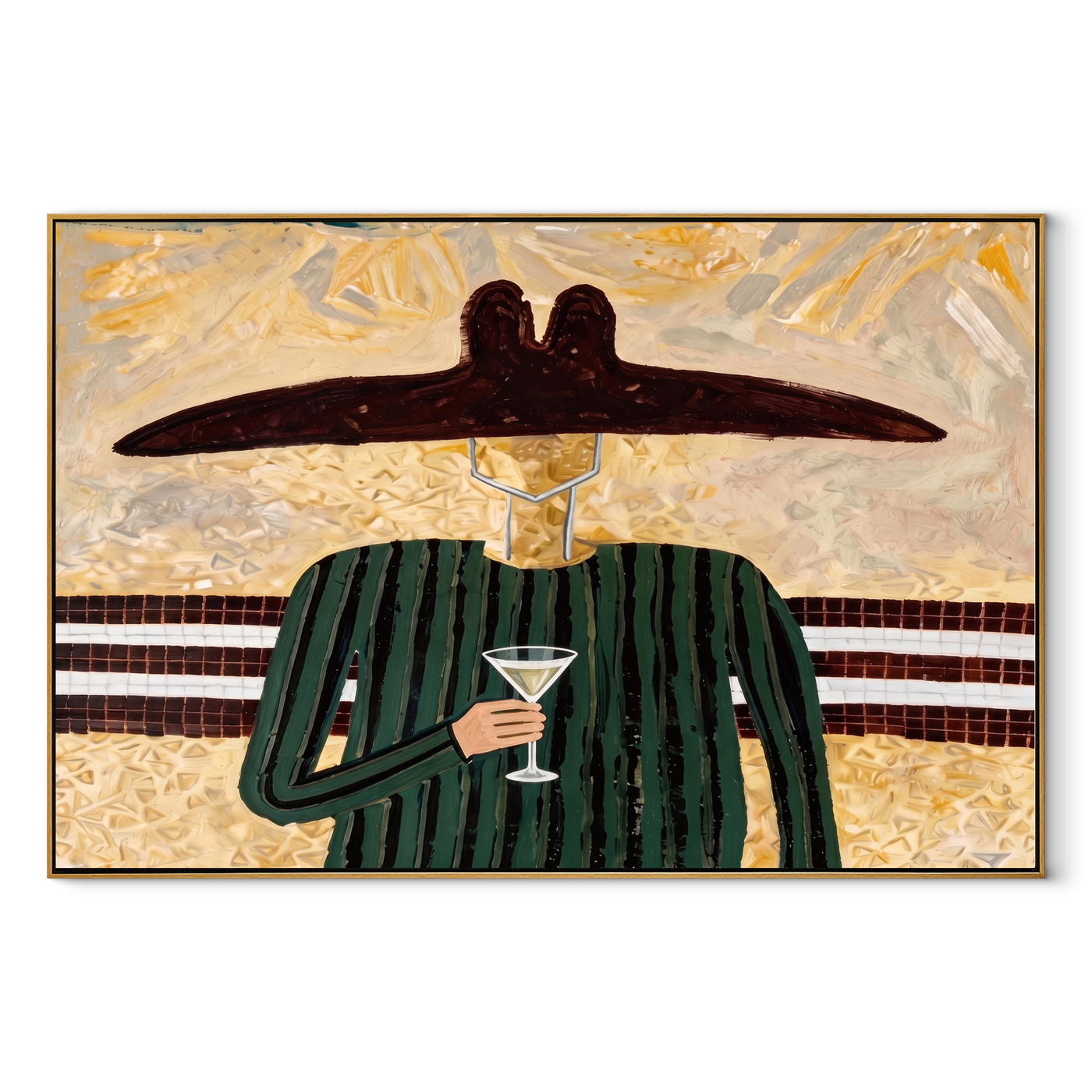 Green Lines Hold the Evening Glass - Green Stripe Wine Figure painting by Adrian Lee, mid-century modern horizontal wall art – wood frame on white background
