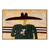 Green Lines Hold the Evening Glass - Green Stripe Wine Figure painting by Adrian Lee, mid-century modern horizontal wall art – wood frame on white background