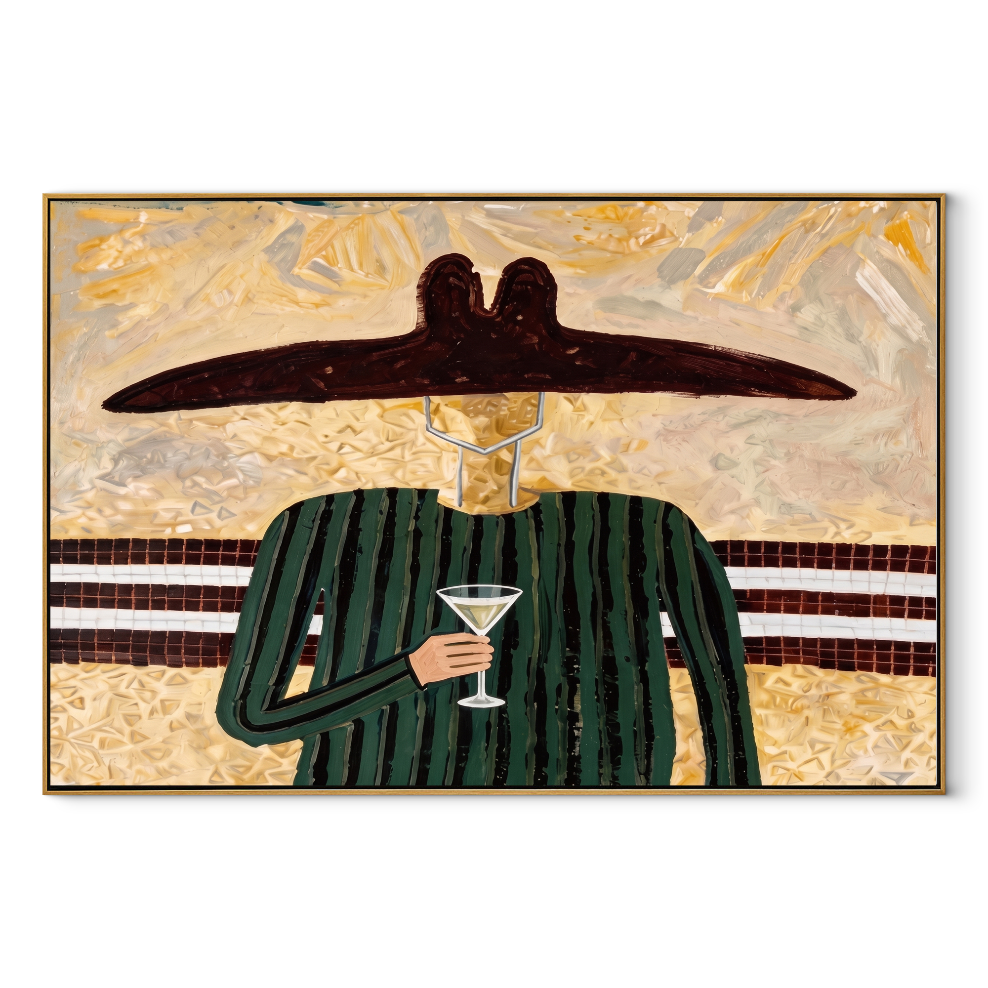 Green Lines Hold the Evening Glass - Green Stripe Wine Figure painting by Adrian Lee, mid-century modern horizontal wall art – wood frame on white background