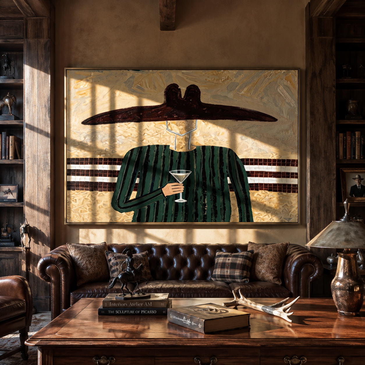 Green Lines Hold the Evening Glass - Green Stripe Wine Figure painting by Adrian Lee, mid-century modern horizontal wall art – styled room scene view 3