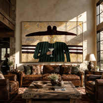 Green Lines Hold the Evening Glass - Green Stripe Wine Figure painting by Adrian Lee, mid-century modern horizontal wall art – styled room scene view 5