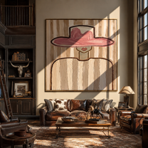Rose Brim Floats over Ivory - Pink Hat Ivory Figure painting by Adrian Lee, mid-century modern square wall art – styled room scene view 1