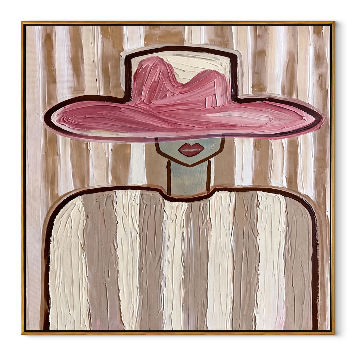 Rose Brim Floats over Ivory - Pink Hat Ivory Figure painting by Adrian Lee, mid-century modern square wall art – wood frame on white background