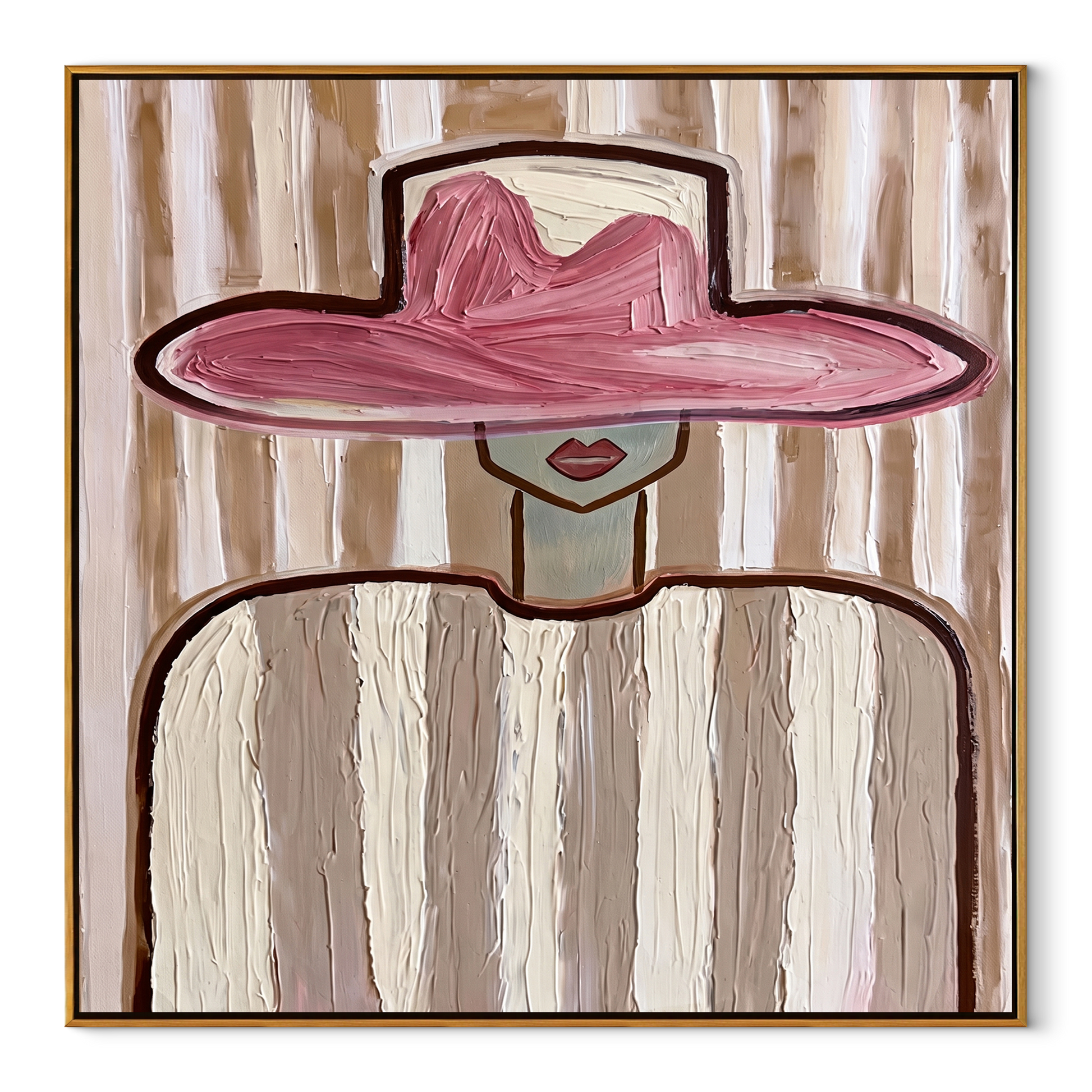 Rose Brim Floats over Ivory - Pink Hat Ivory Figure painting by Adrian Lee, mid-century modern square wall art – wood frame on white background