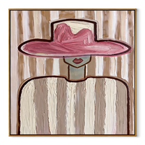 Rose Brim Floats over Ivory - Pink Hat Ivory Figure painting by Adrian Lee, mid-century modern square wall art – wood frame on white background