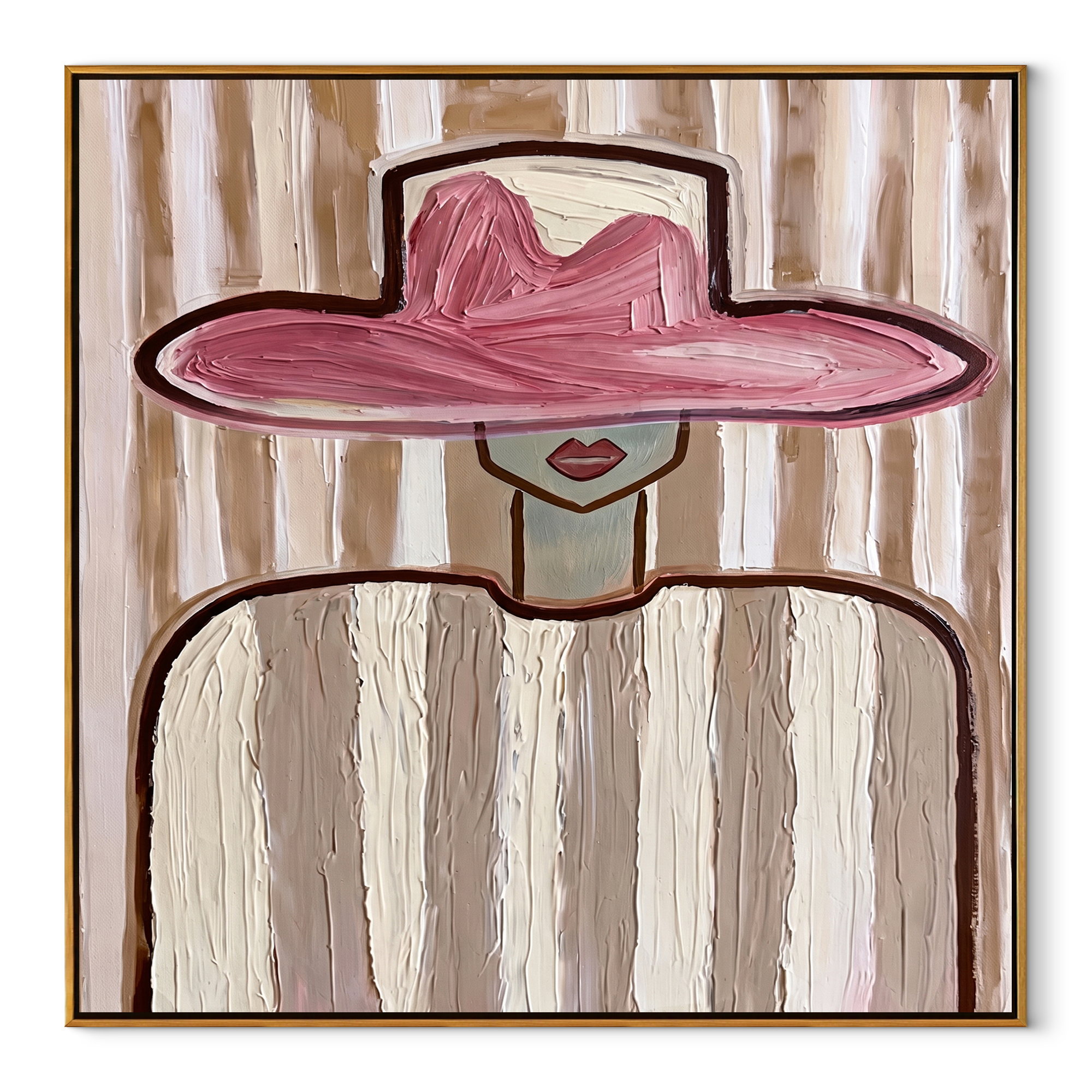 Rose Brim Floats over Ivory - Pink Hat Ivory Figure painting by Adrian Lee, mid-century modern square wall art – wood frame on white background