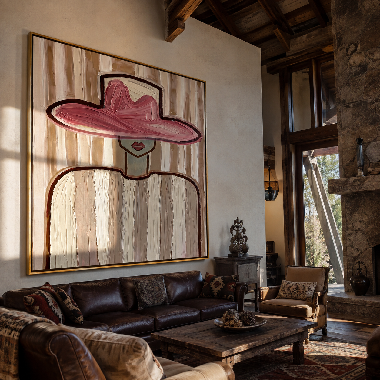 Rose Brim Floats over Ivory - Pink Hat Ivory Figure painting by Adrian Lee, mid-century modern square wall art – styled room scene view 2