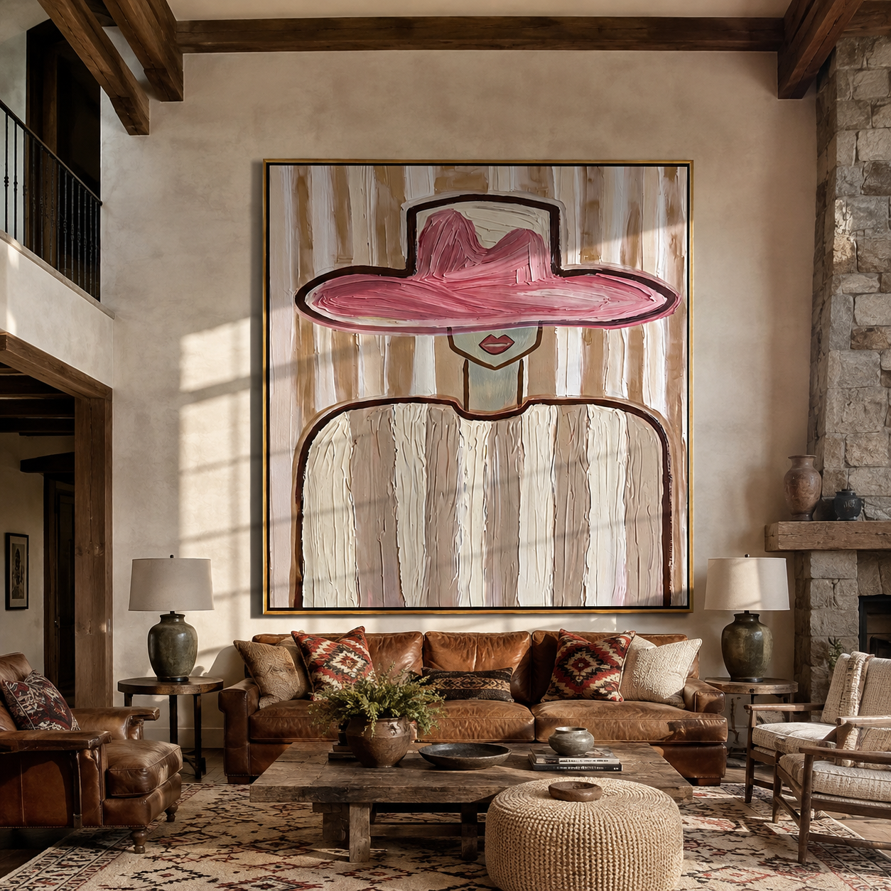 Rose Brim Floats over Ivory - Pink Hat Ivory Figure painting by Adrian Lee, mid-century modern square wall art – styled room scene view 3
