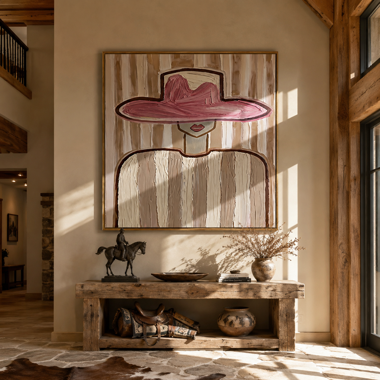 Rose Brim Floats over Ivory - Pink Hat Ivory Figure painting by Adrian Lee, mid-century modern square wall art – styled room scene view 4