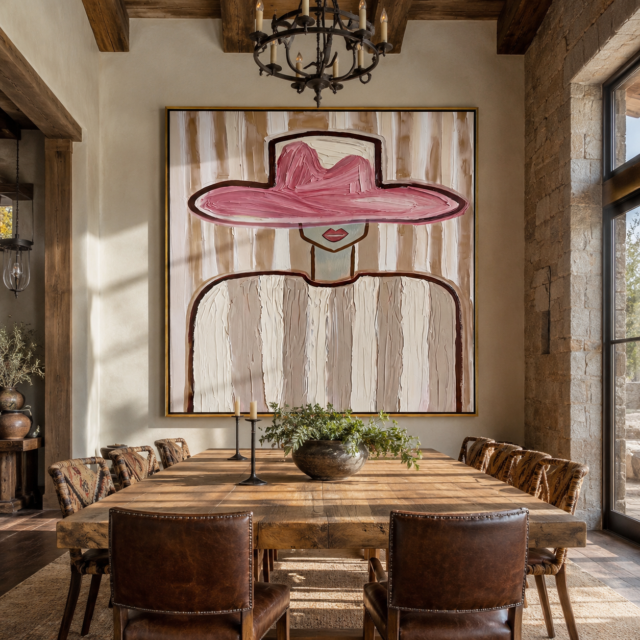 Rose Brim Floats over Ivory - Pink Hat Ivory Figure painting by Adrian Lee, mid-century modern square wall art – styled room scene view 5