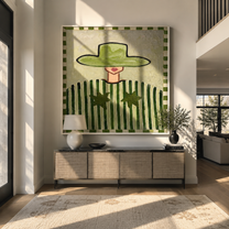 Green Brim Guards Twin Stars - Green Stripe Star Figure painting by Adrian Lee, mid-century modern square wall art – styled room scene view 1