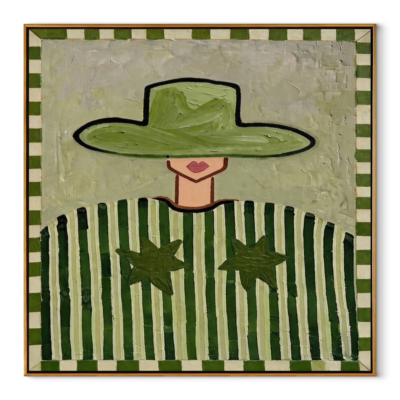 Green Brim Guards Twin Stars - Green Stripe Star Figure painting by Adrian Lee, mid-century modern square wall art – wood frame on white background