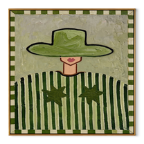 Green Brim Guards Twin Stars - Green Stripe Star Figure painting by Adrian Lee, mid-century modern square wall art – wood frame on white background