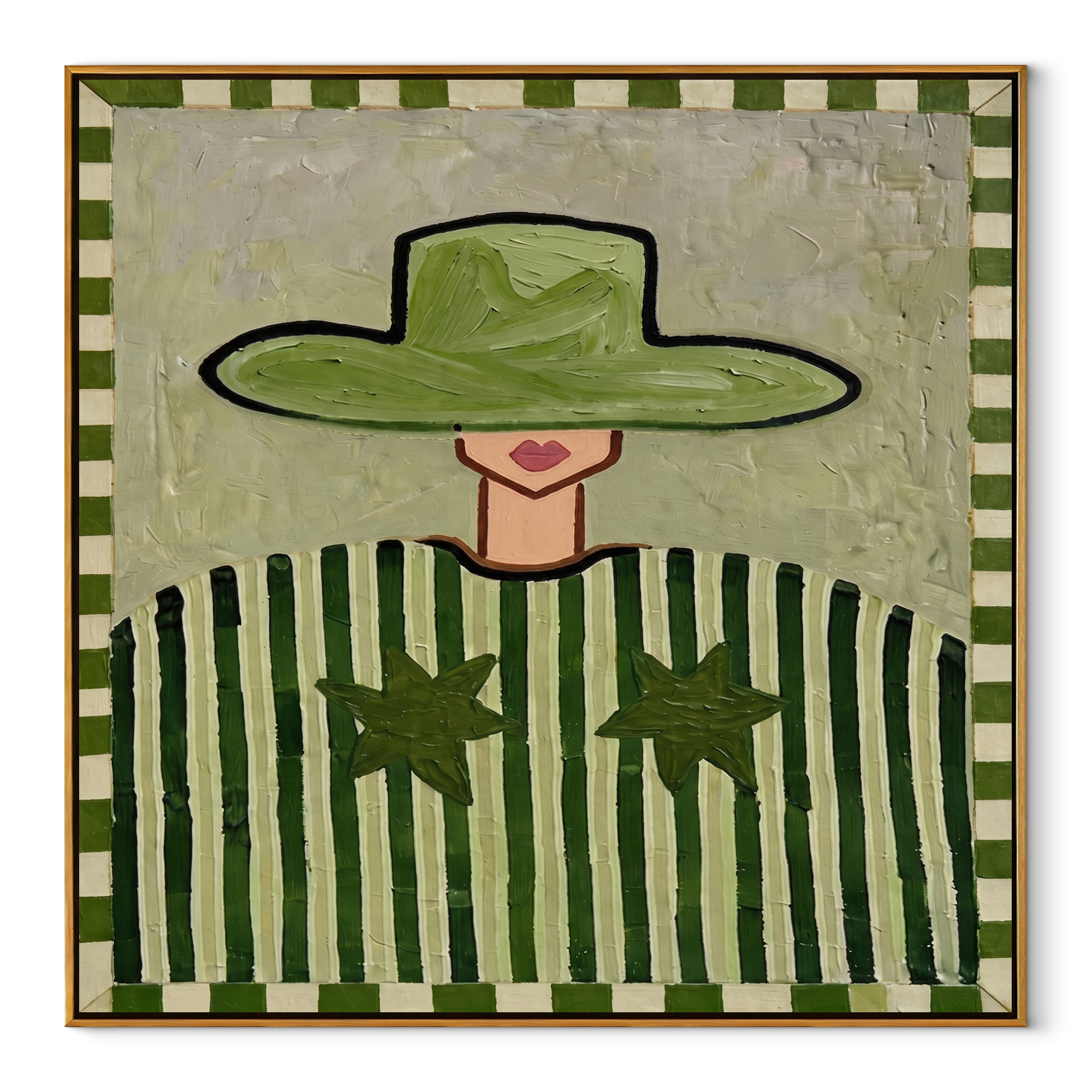 Green Brim Guards Twin Stars - Green Stripe Star Figure painting by Adrian Lee, mid-century modern square wall art – wood frame on white background