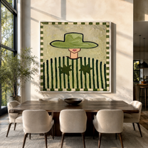 Green Brim Guards Twin Stars - Green Stripe Star Figure painting by Adrian Lee, mid-century modern square wall art – styled room scene view 2