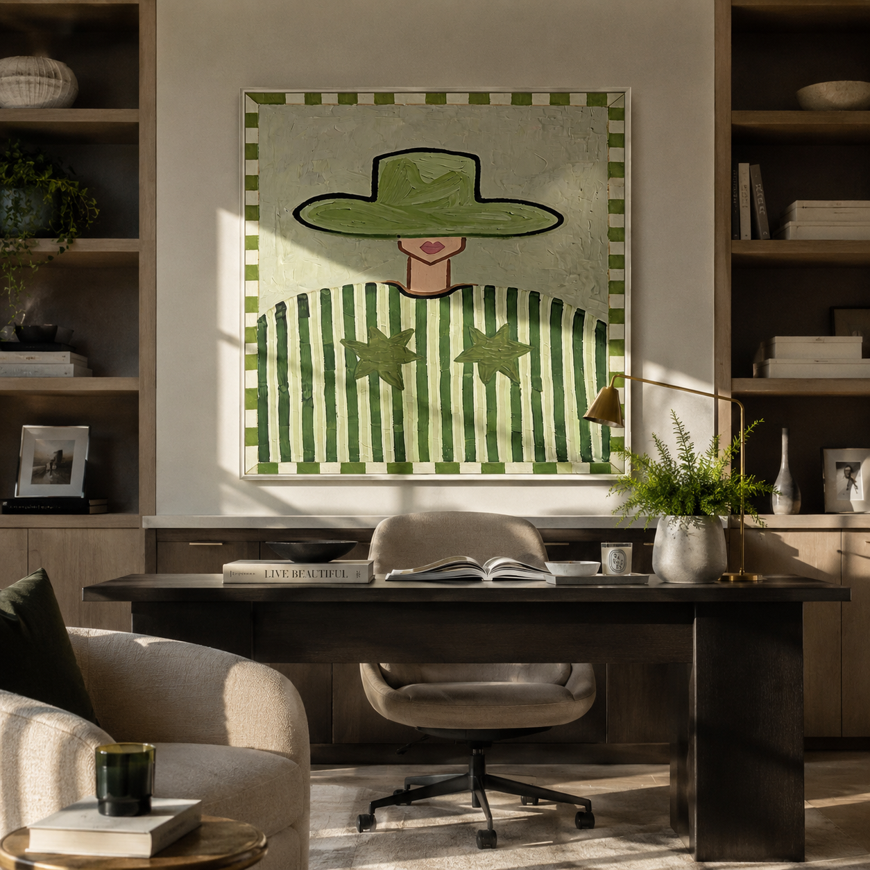 Green Brim Guards Twin Stars - Green Stripe Star Figure painting by Adrian Lee, mid-century modern square wall art – styled room scene view 3