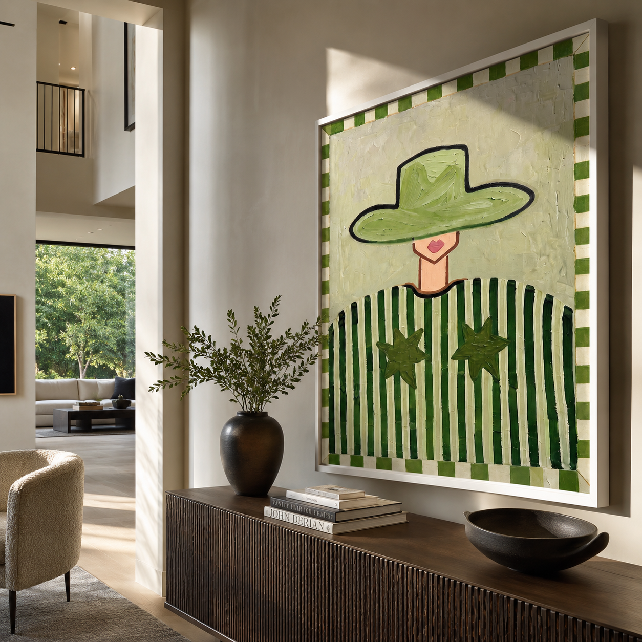 Green Brim Guards Twin Stars - Green Stripe Star Figure painting by Adrian Lee, mid-century modern square wall art – styled room scene view 4