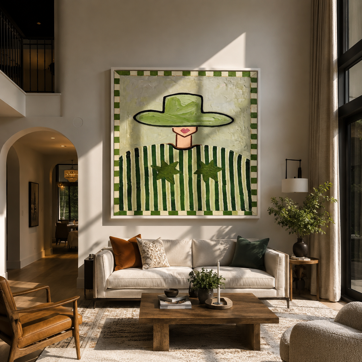 Green Brim Guards Twin Stars - Green Stripe Star Figure painting by Adrian Lee, mid-century modern square wall art – styled room scene view 5