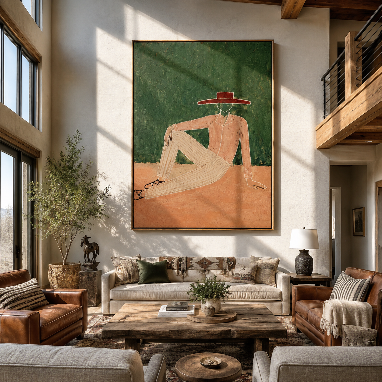 Red Brim Rests in Forest - Reclining Nude Hat Figure painting by Adrian Lee, mid-century modern vertical wall art – styled room scene view 1