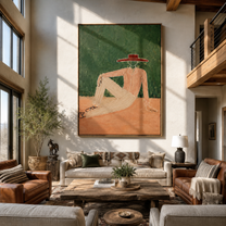 Red Brim Rests in Forest - Reclining Nude Hat Figure painting by Adrian Lee, mid-century modern vertical wall art – styled room scene view 1