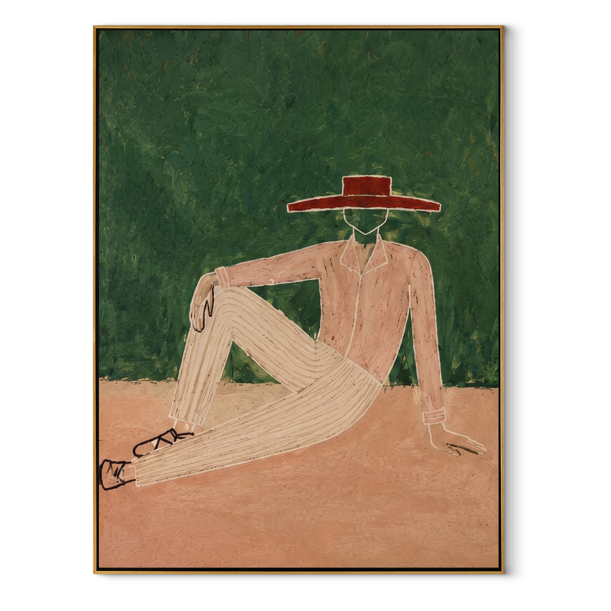 Red Brim Rests in Forest - Reclining Nude Hat Figure painting by Adrian Lee, mid-century modern vertical wall art – wood frame on white background