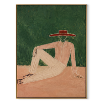Red Brim Rests in Forest - Reclining Nude Hat Figure painting by Adrian Lee, mid-century modern vertical wall art – wood frame on white background