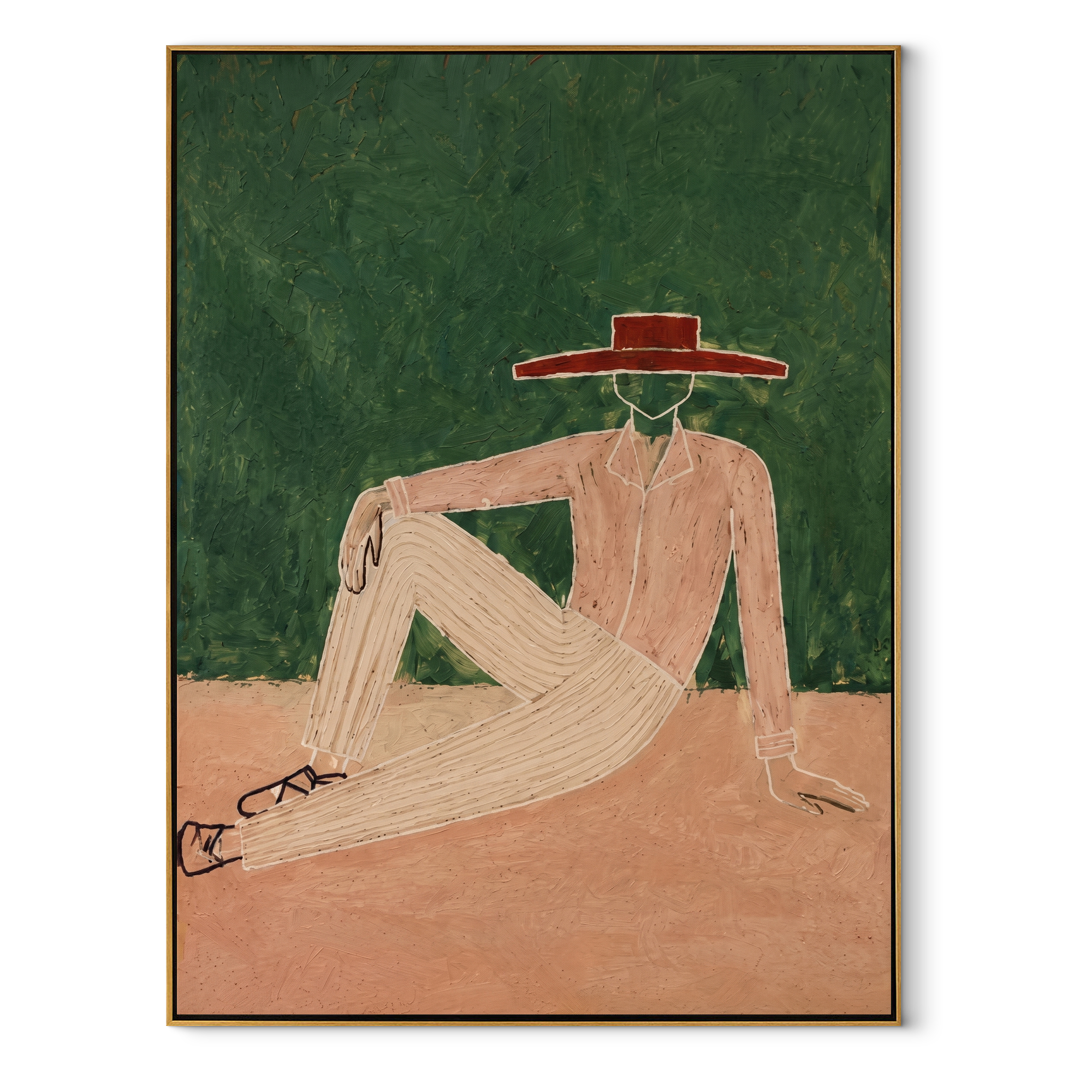 Red Brim Rests in Forest - Reclining Nude Hat Figure painting by Adrian Lee, mid-century modern vertical wall art – wood frame on white background