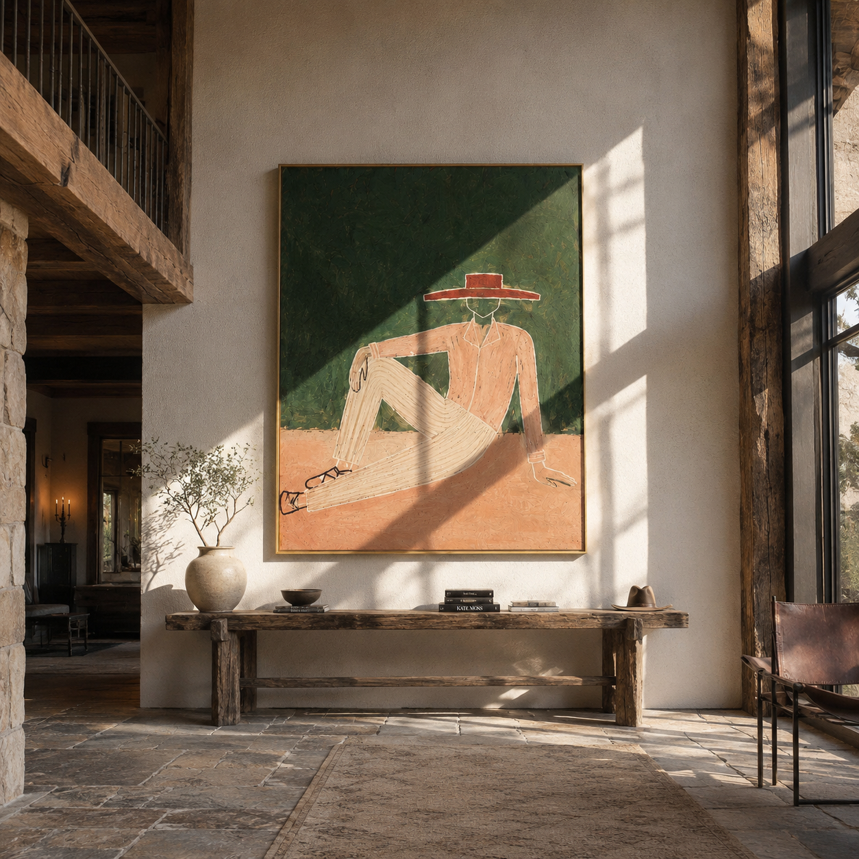 Red Brim Rests in Forest - Reclining Nude Hat Figure painting by Adrian Lee, mid-century modern vertical wall art – styled room scene view 2