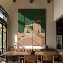 Red Brim Rests in Forest - Reclining Nude Hat Figure painting by Adrian Lee, mid-century modern vertical wall art – styled room scene view 3
