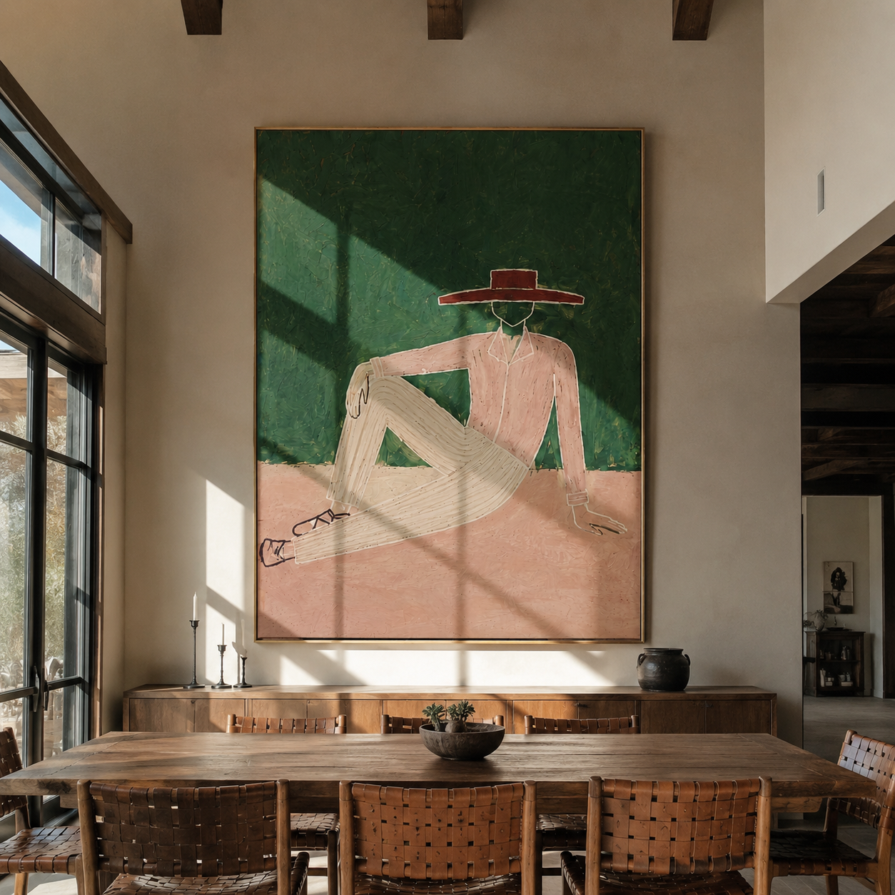 Red Brim Rests in Forest - Reclining Nude Hat Figure painting by Adrian Lee, mid-century modern vertical wall art – styled room scene view 3