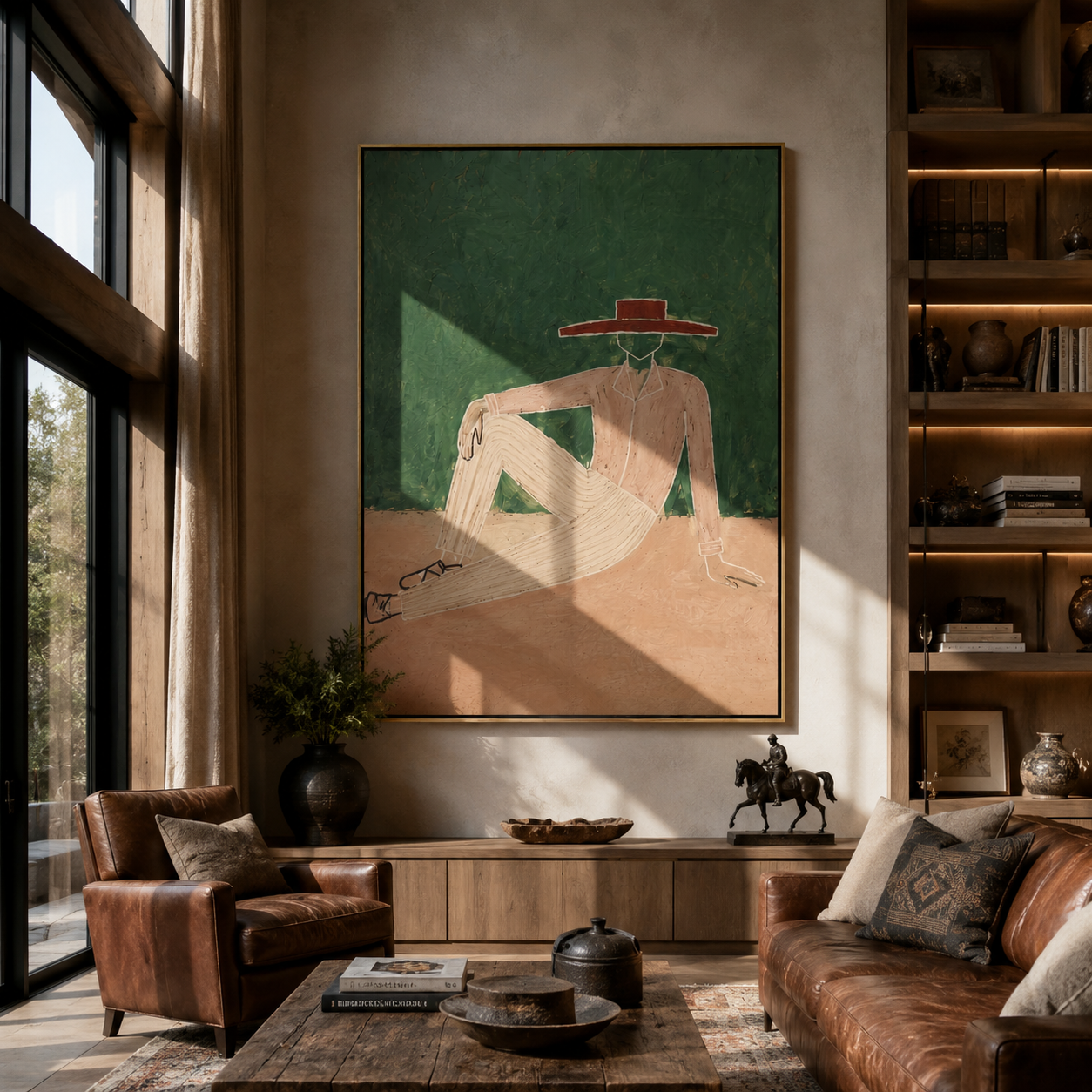 Red Brim Rests in Forest - Reclining Nude Hat Figure painting by Adrian Lee, mid-century modern vertical wall art – styled room scene view 4