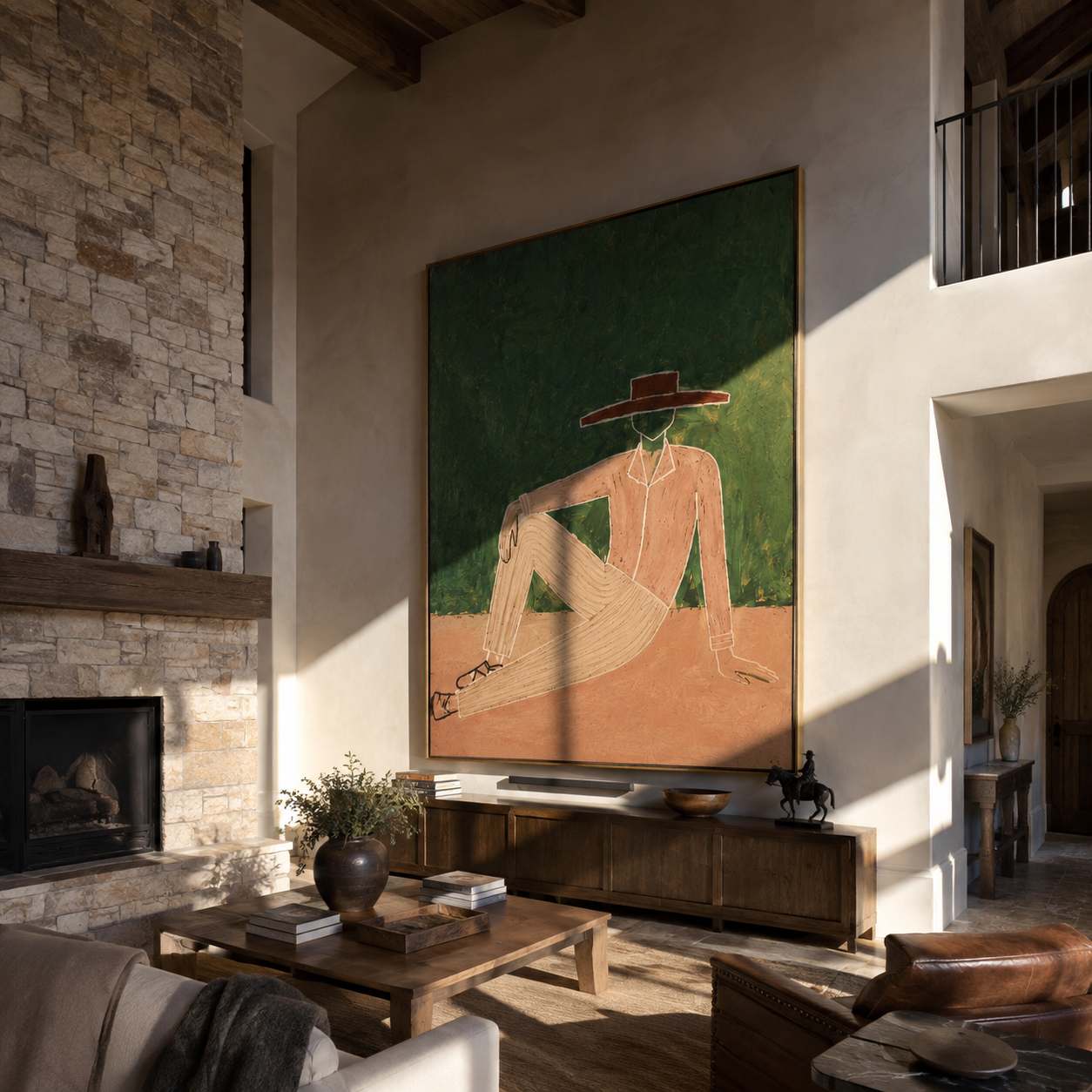 Red Brim Rests in Forest - Reclining Nude Hat Figure painting by Adrian Lee, mid-century modern vertical wall art – styled room scene view 5