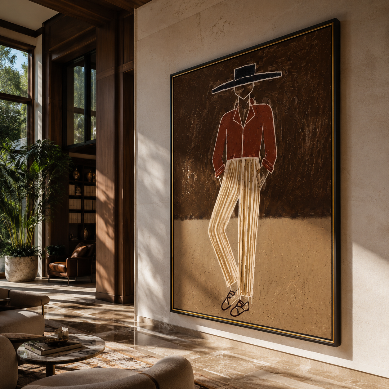 Rust Jacket Walks through Earth - Standing Rust Jacket Figure painting by Adrian Lee, mid-century modern vertical wall art – styled room scene view 1