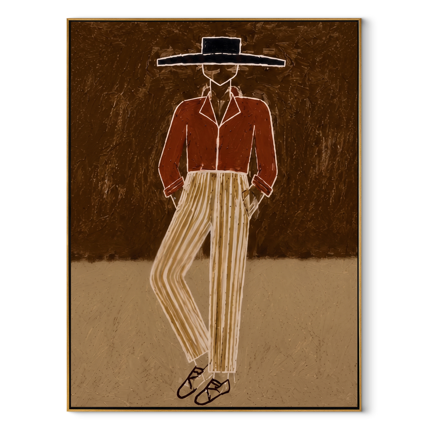 Rust Jacket Walks through Earth - Standing Rust Jacket Figure painting by Adrian Lee, mid-century modern vertical wall art – wood frame on white background