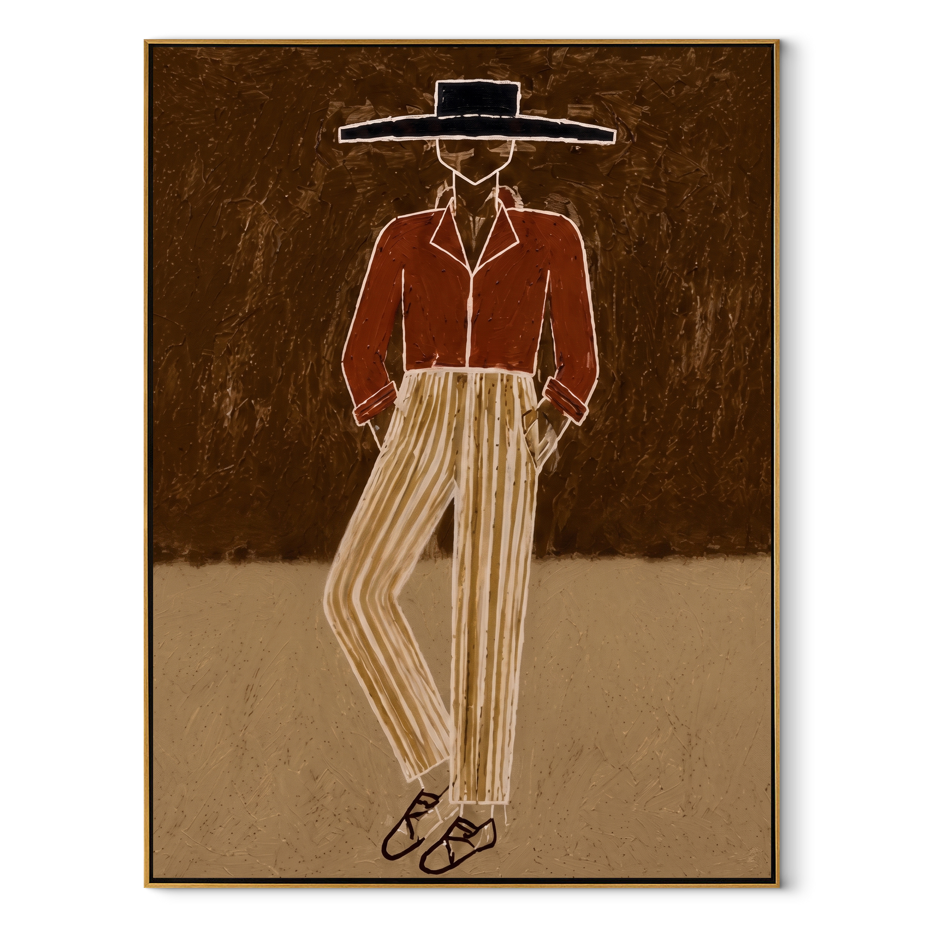 Rust Jacket Walks through Earth - Standing Rust Jacket Figure painting by Adrian Lee, mid-century modern vertical wall art – wood frame on white background