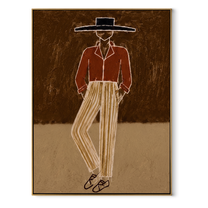 Rust Jacket Walks through Earth - Standing Rust Jacket Figure painting by Adrian Lee, mid-century modern vertical wall art – wood frame on white background