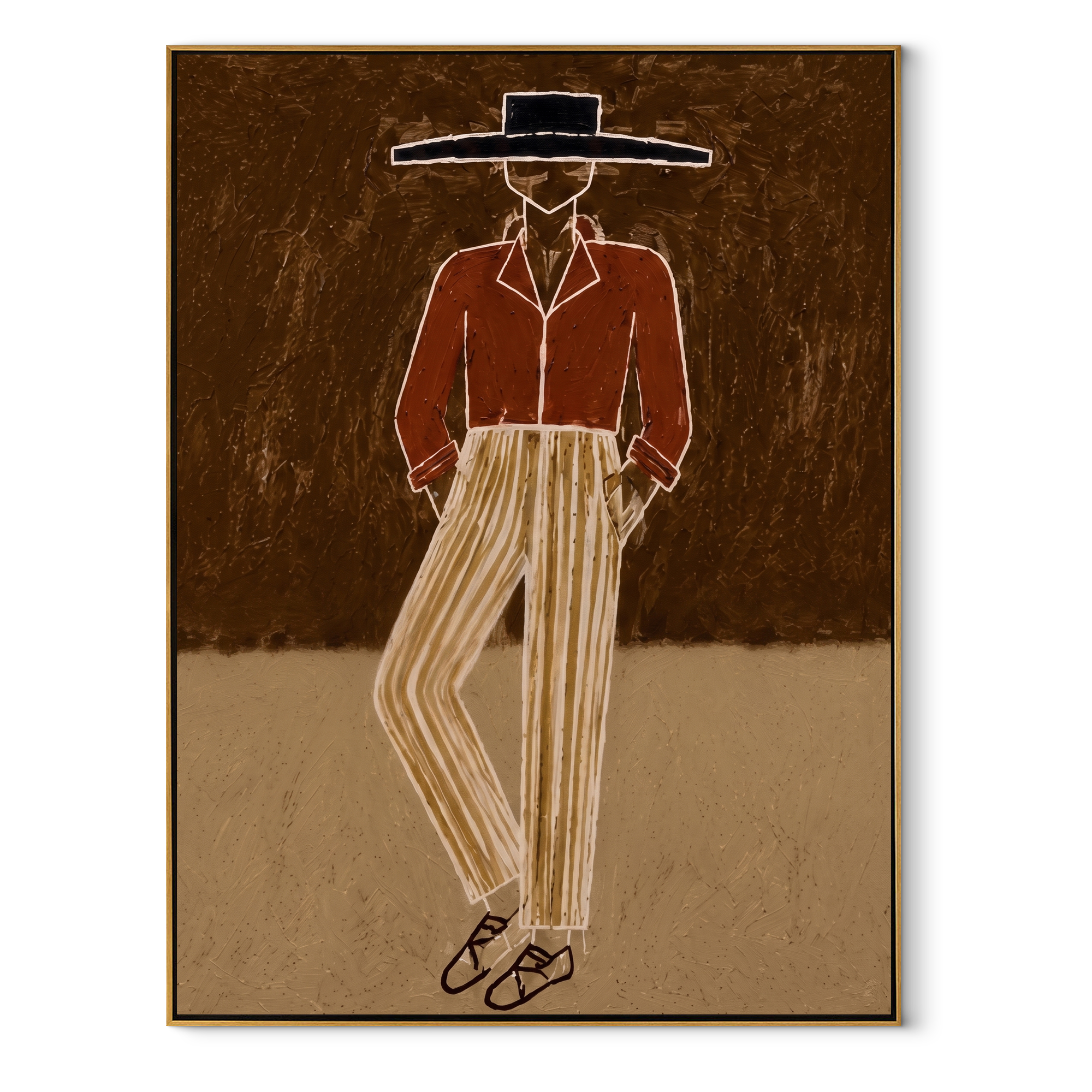 Rust Jacket Walks through Earth - Standing Rust Jacket Figure painting by Adrian Lee, mid-century modern vertical wall art – wood frame on white background