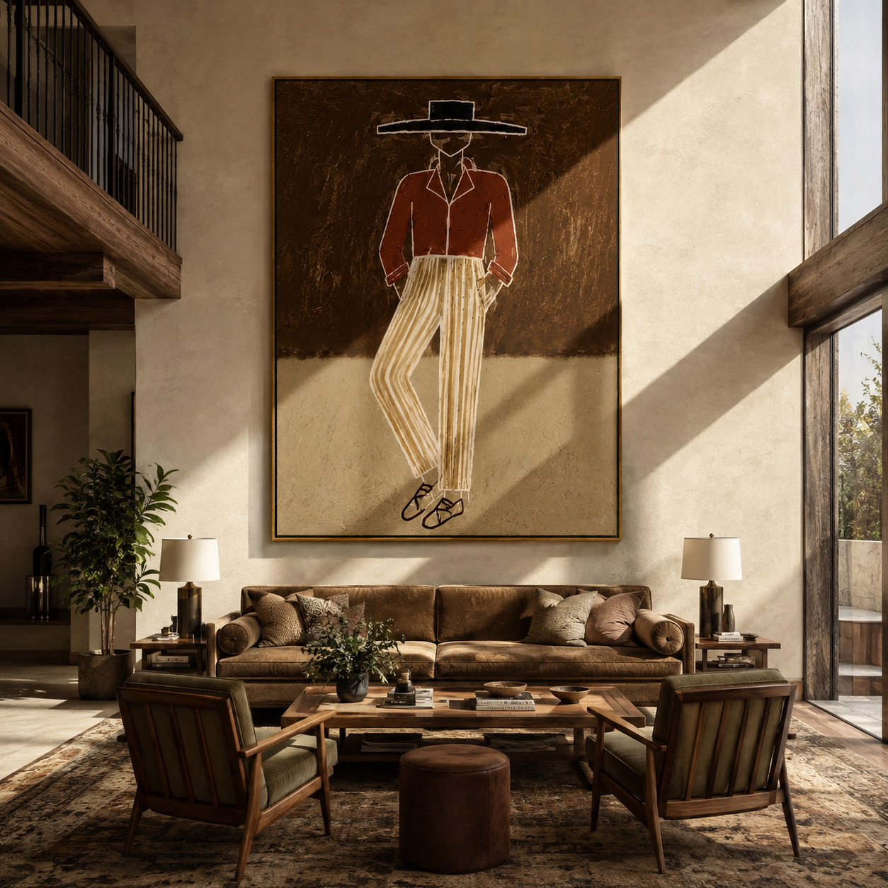 Rust Jacket Walks through Earth - Standing Rust Jacket Figure painting by Adrian Lee, mid-century modern vertical wall art – styled room scene view 2