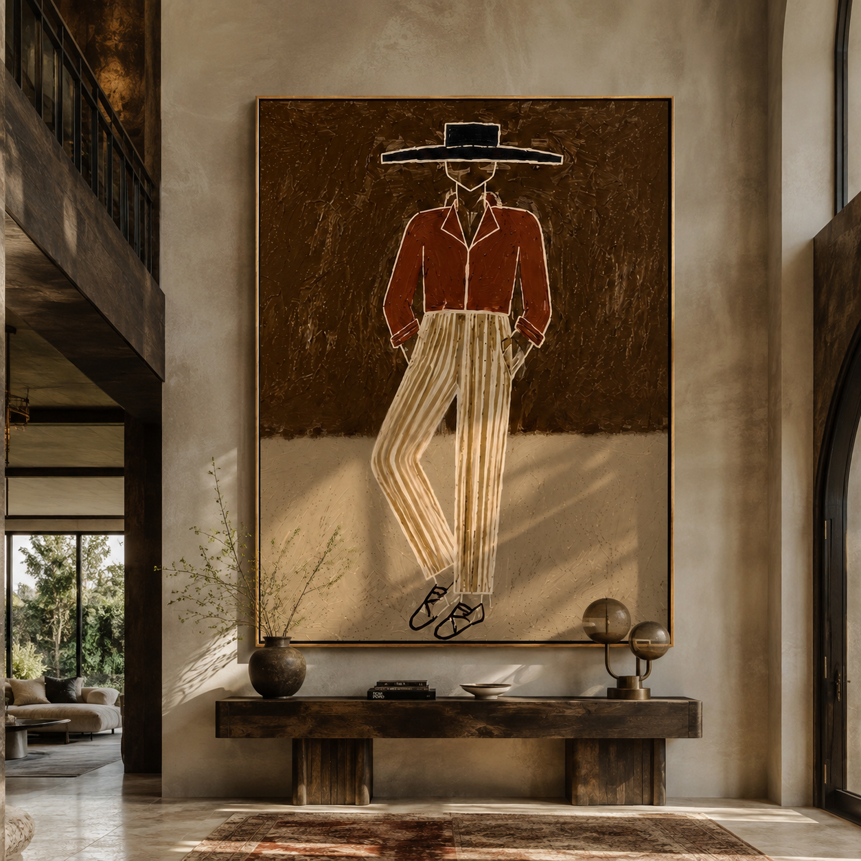 Rust Jacket Walks through Earth - Standing Rust Jacket Figure painting by Adrian Lee, mid-century modern vertical wall art – styled room scene view 3