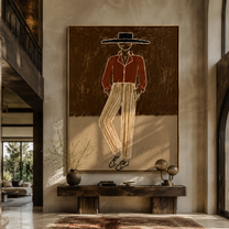 Rust Jacket Walks through Earth - Standing Rust Jacket Figure painting by Adrian Lee, mid-century modern vertical wall art – styled room scene view 3