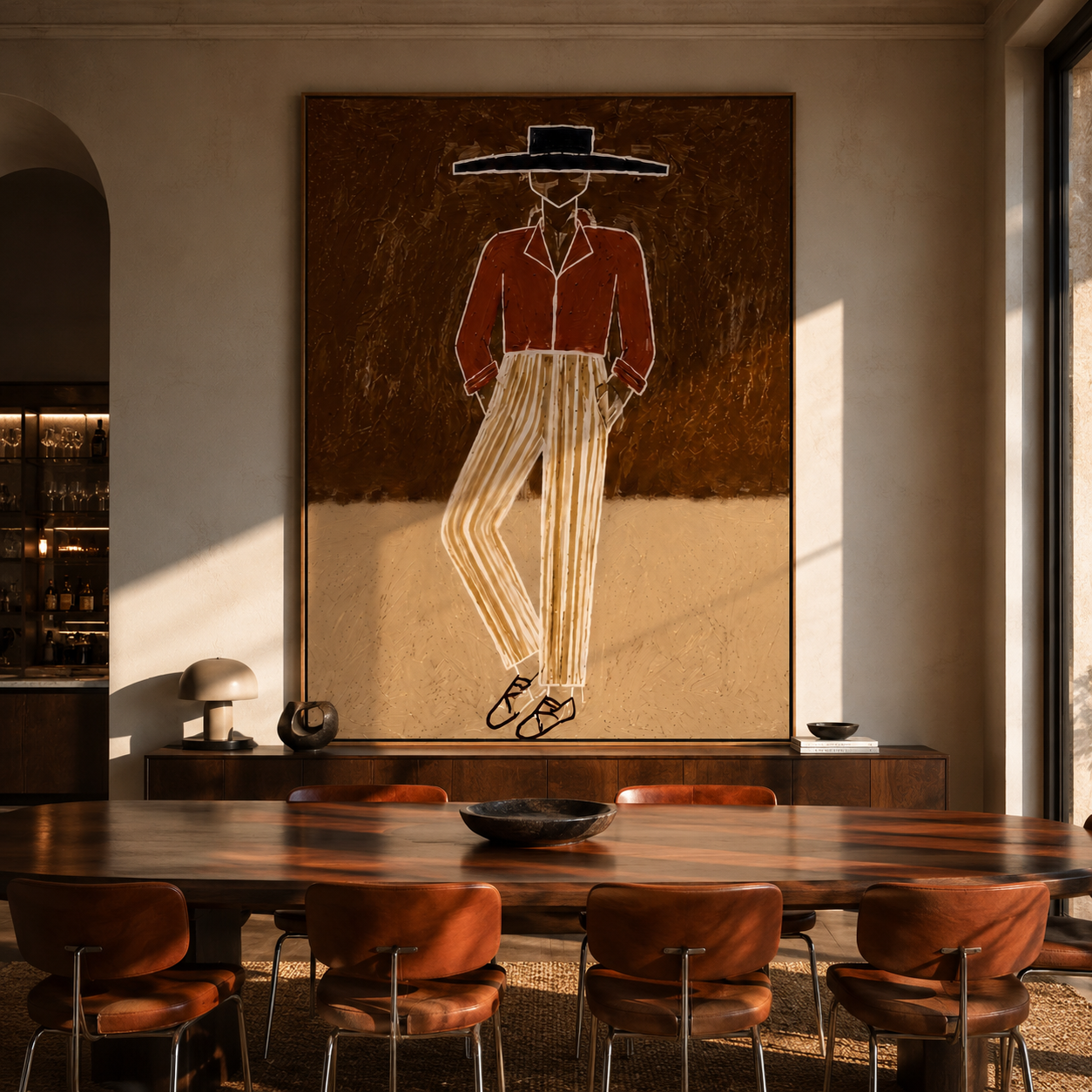 Rust Jacket Walks through Earth - Standing Rust Jacket Figure painting by Adrian Lee, mid-century modern vertical wall art – styled room scene view 4