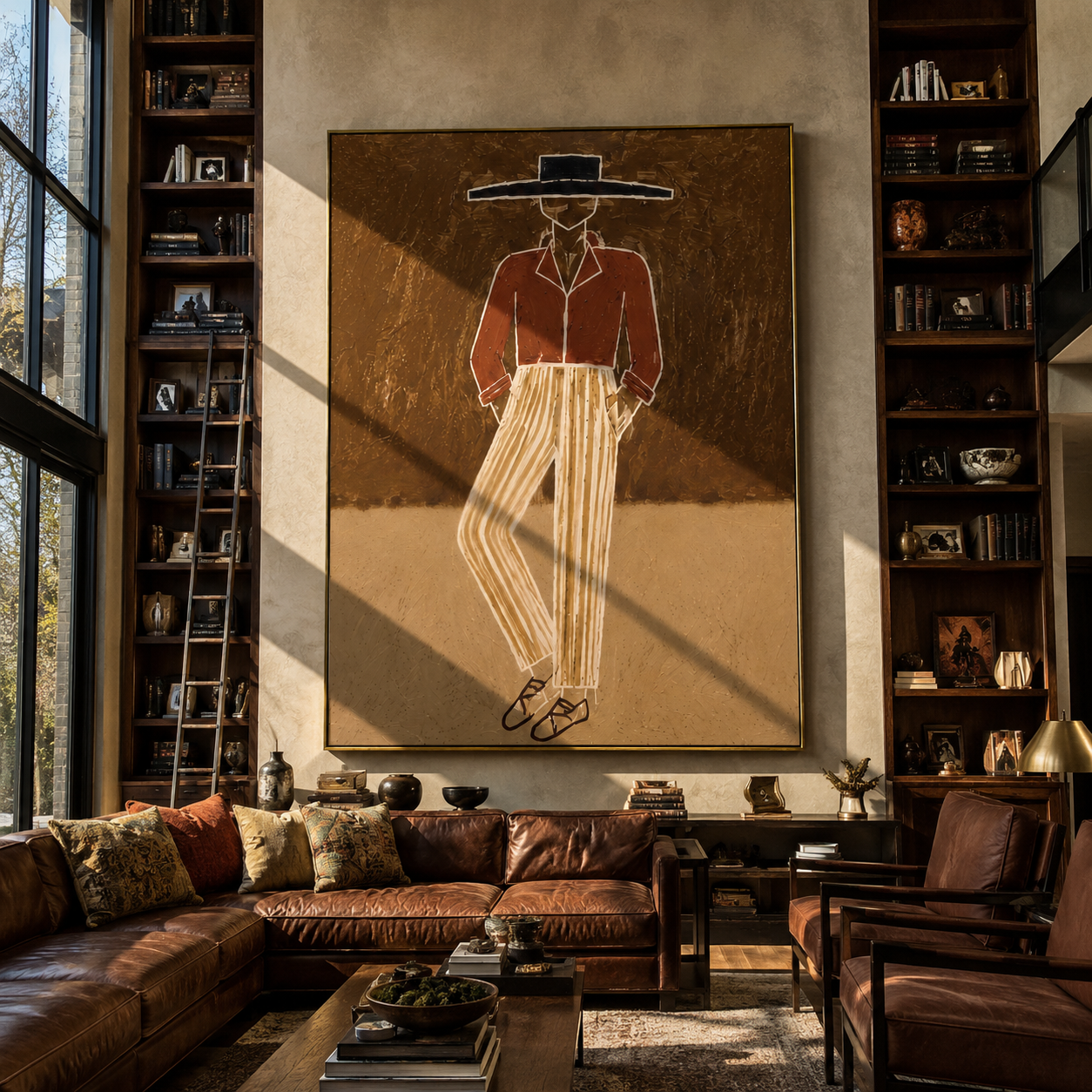 Rust Jacket Walks through Earth - Standing Rust Jacket Figure painting by Adrian Lee, mid-century modern vertical wall art – styled room scene view 5