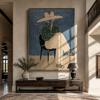 Green Jacket Crosses the Chair - Seated Green Jacket Figure painting by Adrian Lee, mid-century modern vertical wall art – styled room scene view 1