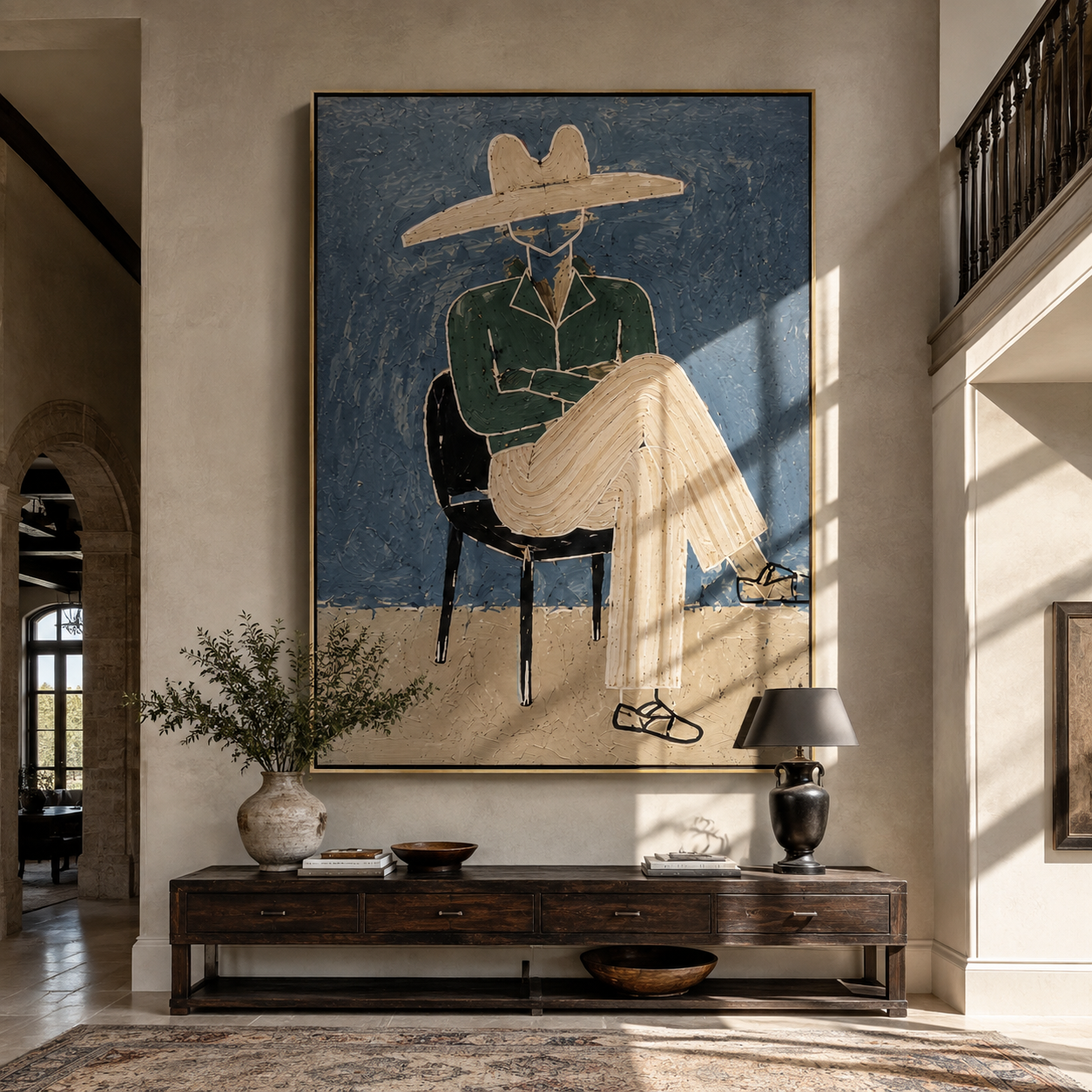Green Jacket Crosses the Chair - Seated Green Jacket Figure painting by Adrian Lee, mid-century modern vertical wall art – styled room scene view 1