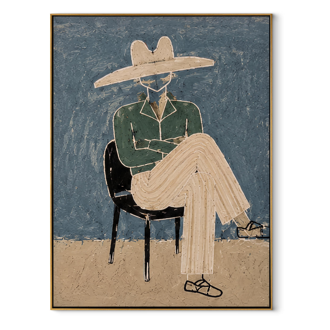 Green Jacket Crosses the Chair - Seated Green Jacket Figure painting by Adrian Lee, mid-century modern vertical wall art – wood frame on white background