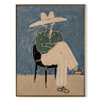 Green Jacket Crosses the Chair - Seated Green Jacket Figure painting by Adrian Lee, mid-century modern vertical wall art – wood frame on white background