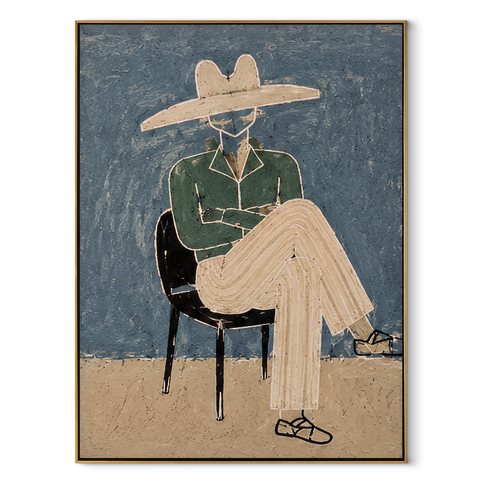 Green Jacket Crosses the Chair - Seated Green Jacket Figure painting by Adrian Lee, mid-century modern vertical wall art – wood frame on white background