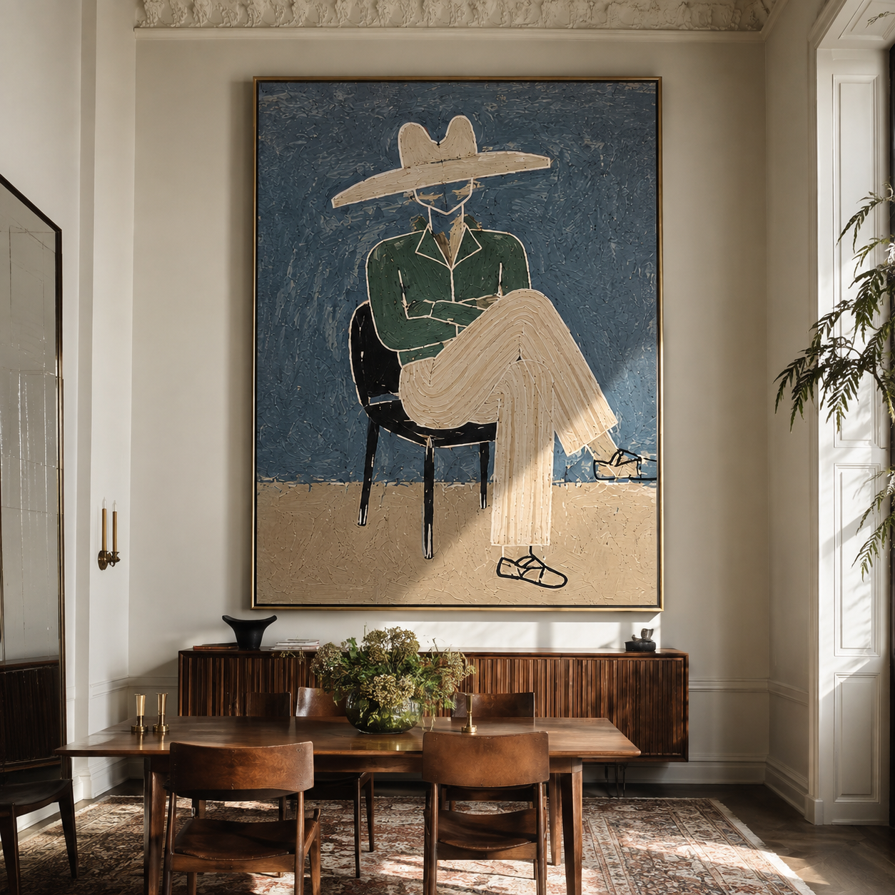 Green Jacket Crosses the Chair - Seated Green Jacket Figure painting by Adrian Lee, mid-century modern vertical wall art – styled room scene view 2